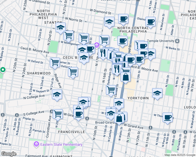 map of restaurants, bars, coffee shops, grocery stores, and more near 1524 Willington Street in Philadelphia