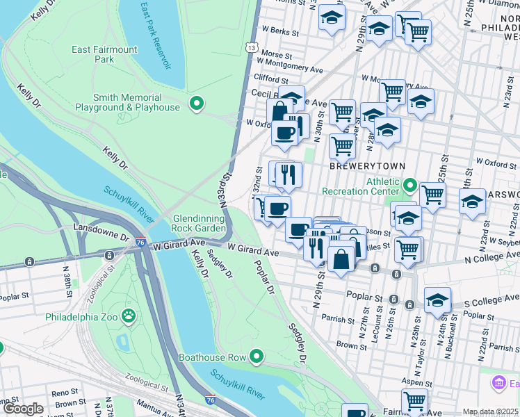 map of restaurants, bars, coffee shops, grocery stores, and more near 3147 West Thompson Street in Philadelphia
