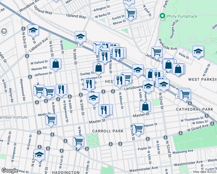 map of restaurants, bars, coffee shops, grocery stores, and more near 5618 Hunter Street in Philadelphia