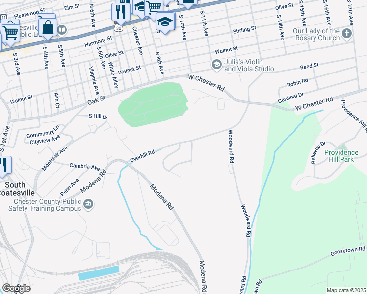 map of restaurants, bars, coffee shops, grocery stores, and more near 10 Lukens Mill Drive in Coatesville