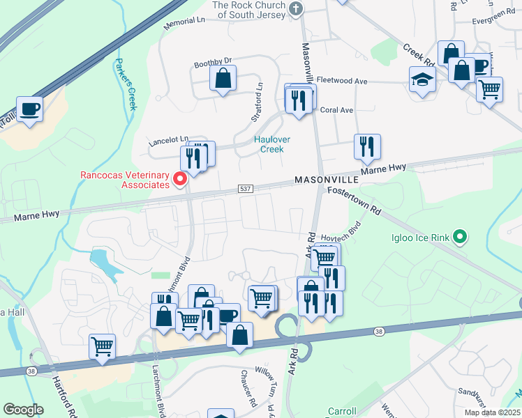 map of restaurants, bars, coffee shops, grocery stores, and more near 5003 Essex Lane in Mount Laurel Township