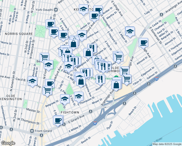 map of restaurants, bars, coffee shops, grocery stores, and more near 2414 East Dauphin Street in Philadelphia