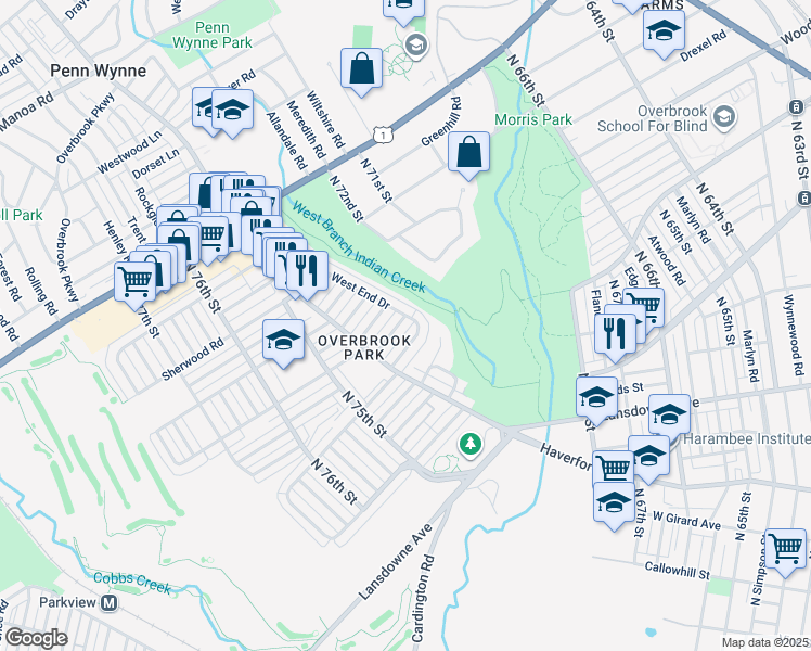 map of restaurants, bars, coffee shops, grocery stores, and more near 7304 Woodcrest Avenue in Philadelphia