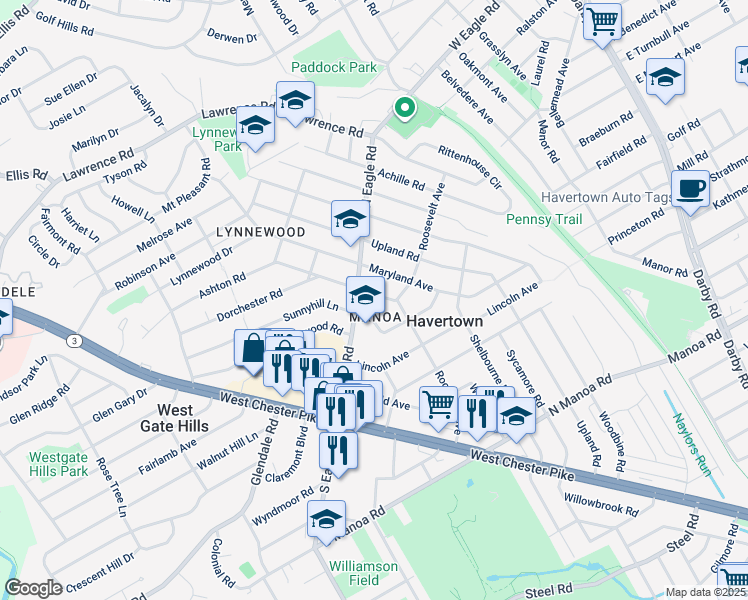 map of restaurants, bars, coffee shops, grocery stores, and more near 7 Annabella Avenue in Havertown