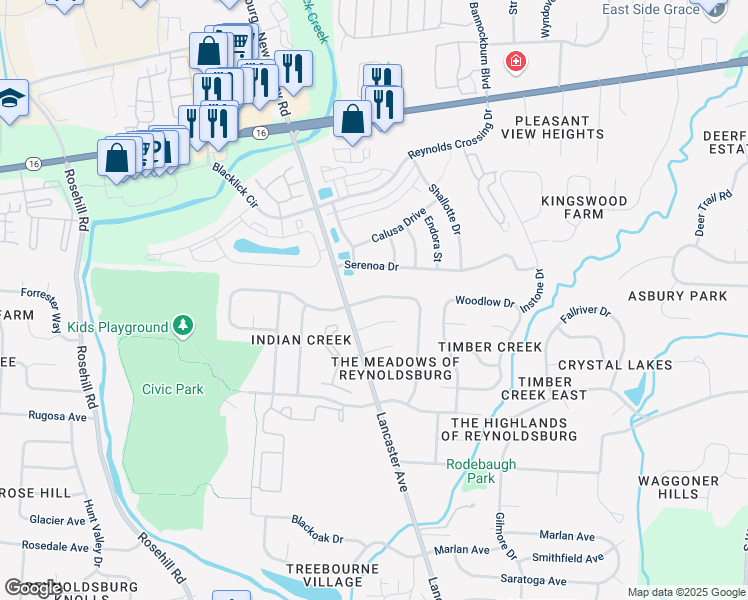map of restaurants, bars, coffee shops, grocery stores, and more near 7179 Tomahawk Trail in Reynoldsburg
