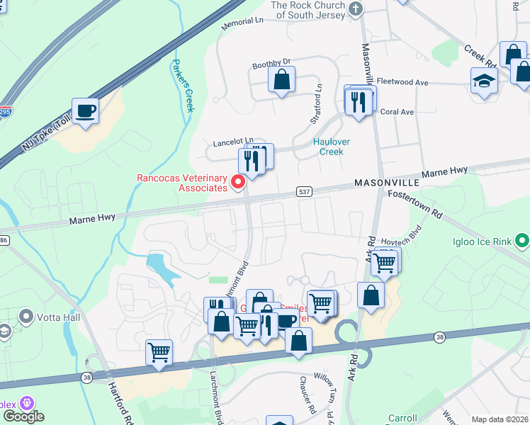 map of restaurants, bars, coffee shops, grocery stores, and more near 5103 Halifax Way in Mount Laurel Township