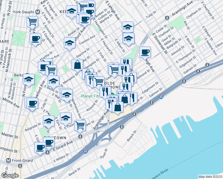 map of restaurants, bars, coffee shops, grocery stores, and more near 2617 East Hagert Street in Philadelphia