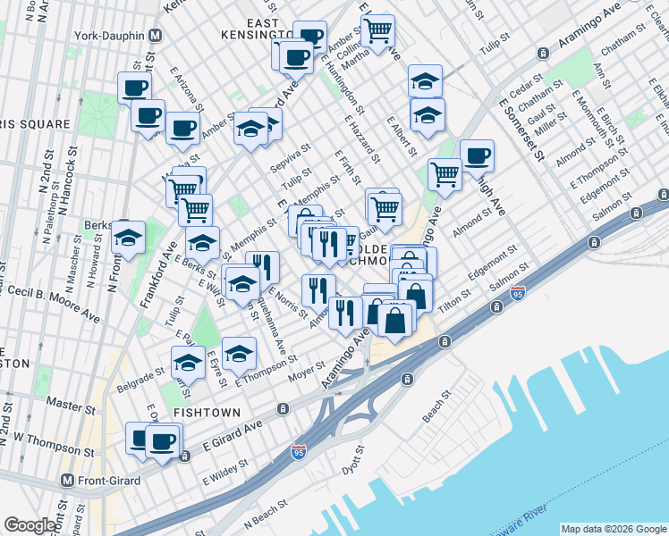 map of restaurants, bars, coffee shops, grocery stores, and more near 2540 East York Street in Philadelphia