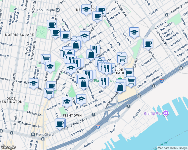 map of restaurants, bars, coffee shops, grocery stores, and more near 2414 East Dauphin Street in Philadelphia