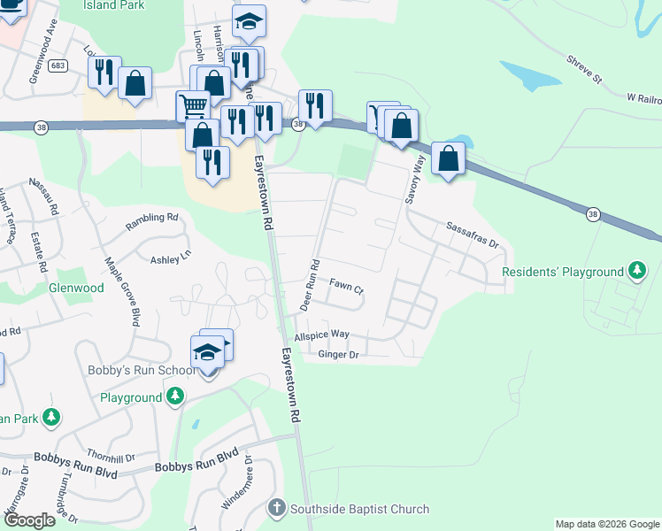 map of restaurants, bars, coffee shops, grocery stores, and more near 93 Fawn Court in Lumberton