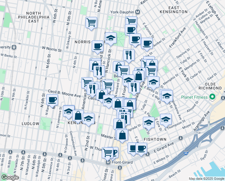 map of restaurants, bars, coffee shops, grocery stores, and more near 1739 North Howard Street in Philadelphia