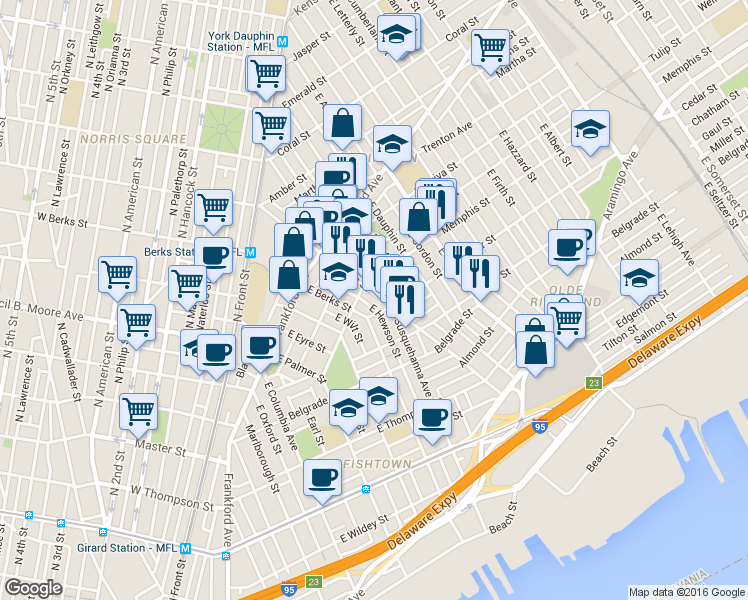 map of restaurants, bars, coffee shops, grocery stores, and more near 2352 East Norris Street in Philadelphia