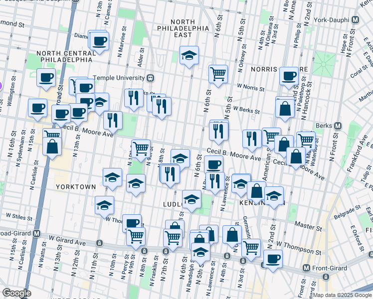 map of restaurants, bars, coffee shops, grocery stores, and more near 622 Cecil B. Moore Avenue in Philadelphia