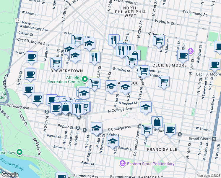 map of restaurants, bars, coffee shops, grocery stores, and more near 2334 Sharswood Street in Philadelphia