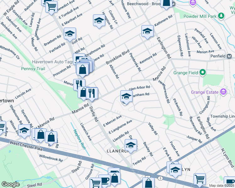 map of restaurants, bars, coffee shops, grocery stores, and more near 112 Glen Arbor Road in Havertown