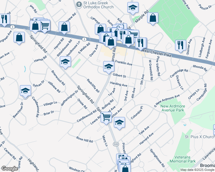 map of restaurants, bars, coffee shops, grocery stores, and more near 125 South Sproul Road in Broomall
