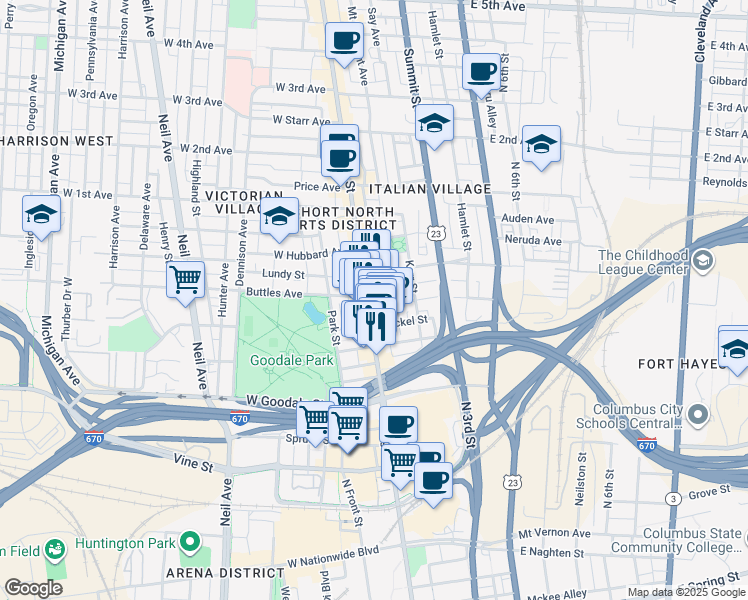 map of restaurants, bars, coffee shops, grocery stores, and more near 684 North Pearl Street in Columbus
