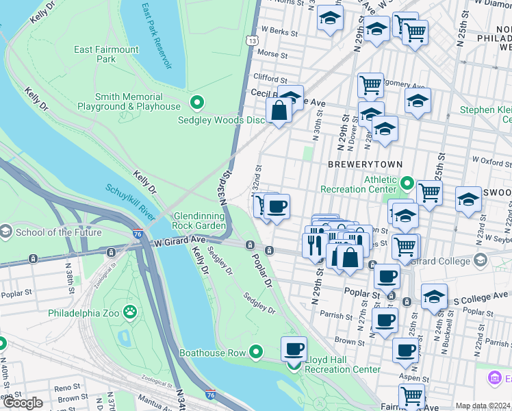 map of restaurants, bars, coffee shops, grocery stores, and more near 3159 West Thompson Street in Philadelphia