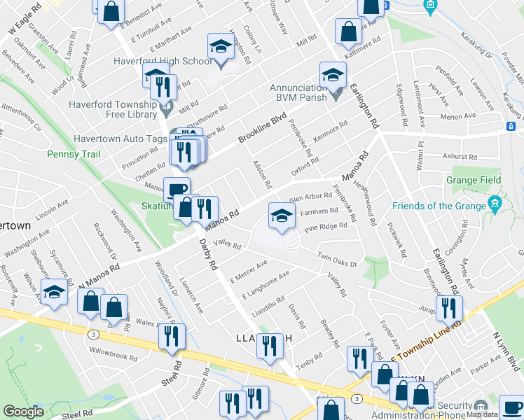 map of restaurants, bars, coffee shops, grocery stores, and more near 112 Glen Arbor Road in Havertown