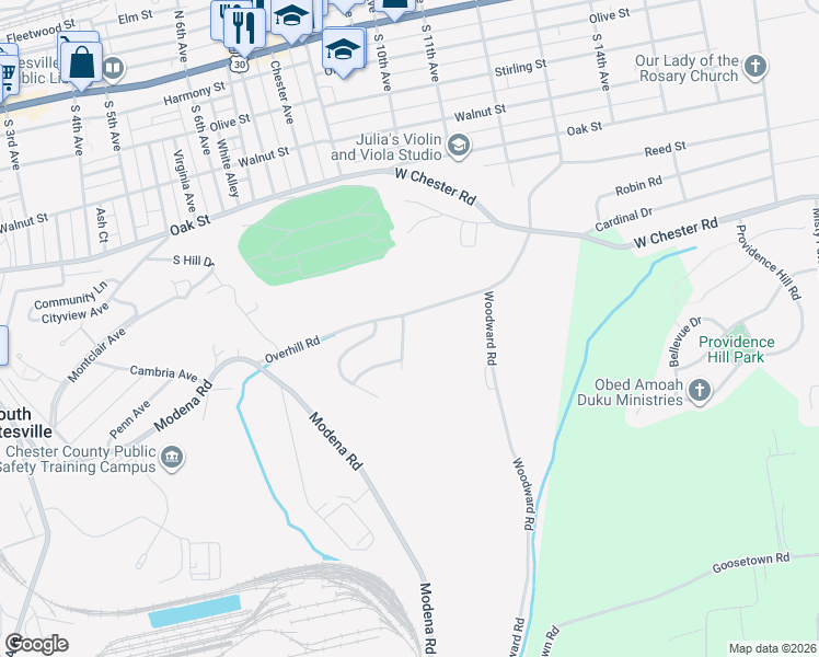 map of restaurants, bars, coffee shops, grocery stores, and more near 191 Lukens Mill Drive in Coatesville