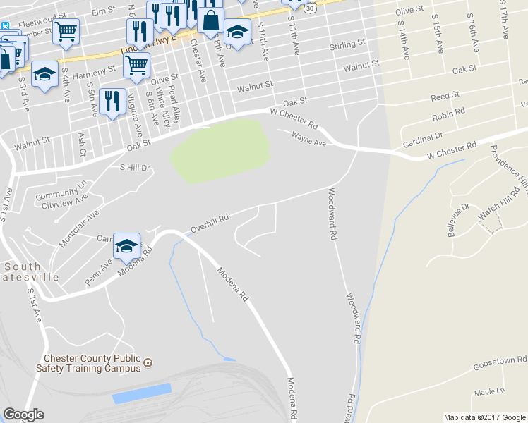 map of restaurants, bars, coffee shops, grocery stores, and more near 10 Lukens Mill Drive in Coatesville