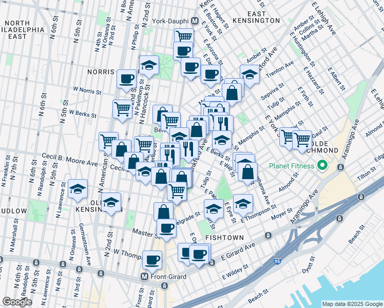 map of restaurants, bars, coffee shops, grocery stores, and more near 1605 East Montgomery Avenue in Philadelphia