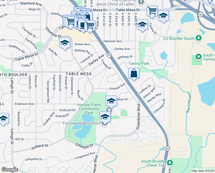 map of restaurants, bars, coffee shops, grocery stores, and more near 4280 Grinnell Avenue in Boulder