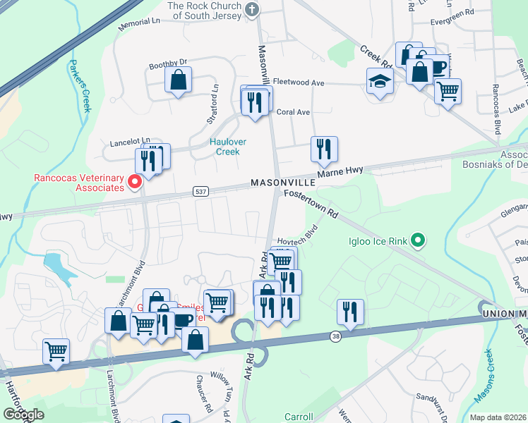 map of restaurants, bars, coffee shops, grocery stores, and more near 2206 Gramercy Way in Mount Laurel Township