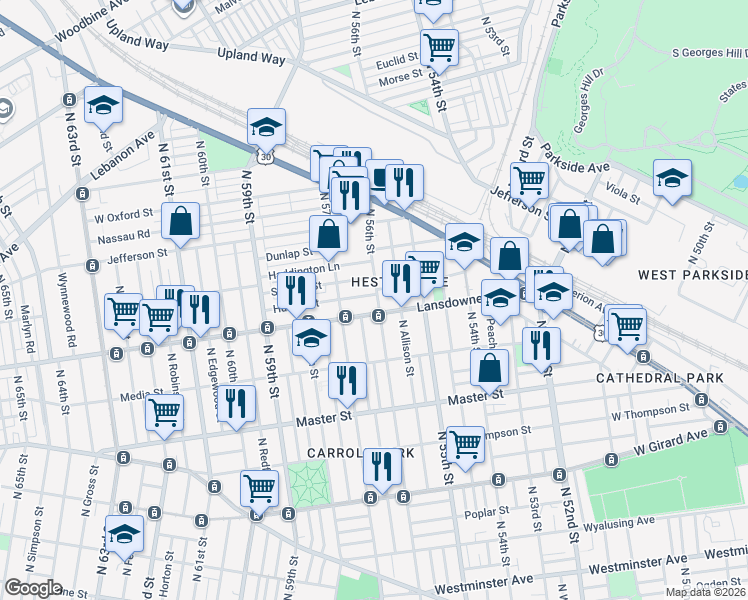 map of restaurants, bars, coffee shops, grocery stores, and more near in Philadelphia