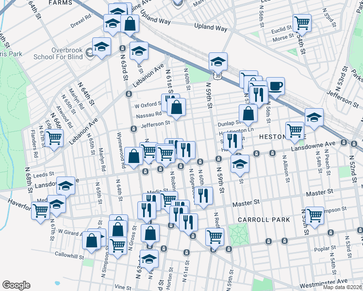 map of restaurants, bars, coffee shops, grocery stores, and more near in Philadelphia