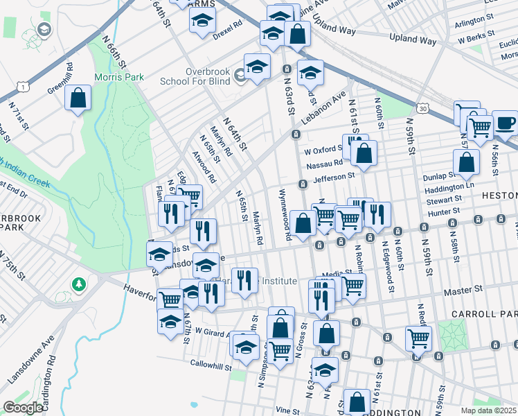 map of restaurants, bars, coffee shops, grocery stores, and more near 919 Marlyn Road in Philadelphia