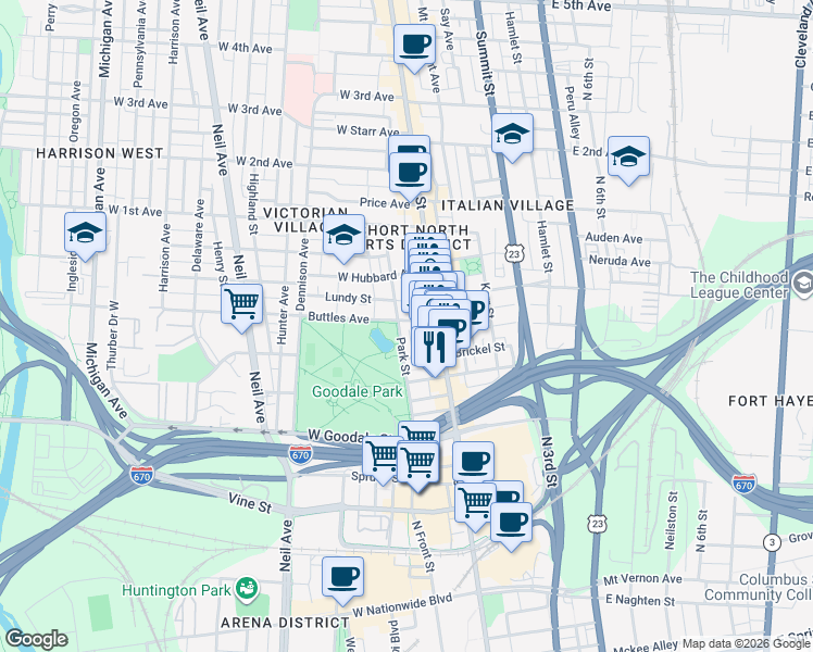 map of restaurants, bars, coffee shops, grocery stores, and more near 120 West Goodale Street in Columbus