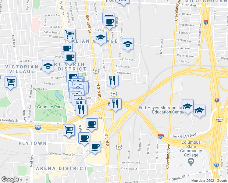 map of restaurants, bars, coffee shops, grocery stores, and more near North 4th Street in Columbus