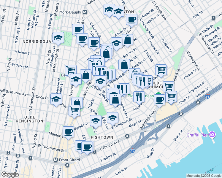 map of restaurants, bars, coffee shops, grocery stores, and more near 2352 East Norris Street in Philadelphia