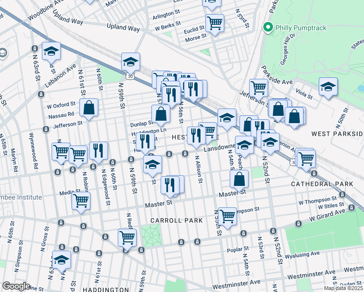 map of restaurants, bars, coffee shops, grocery stores, and more near 5604 Hunter Street in Philadelphia