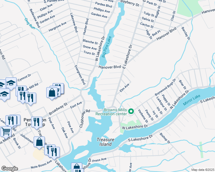 map of restaurants, bars, coffee shops, grocery stores, and more near 331 Goldenrod Street in Browns Mills