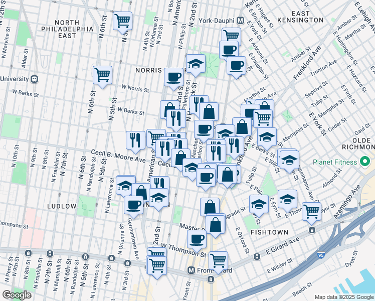 map of restaurants, bars, coffee shops, grocery stores, and more near 1727 North Hancock Street in Philadelphia