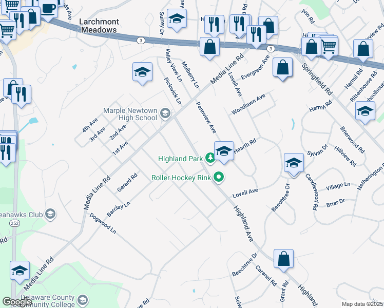 map of restaurants, bars, coffee shops, grocery stores, and more near 2964 Highland Avenue in Broomall