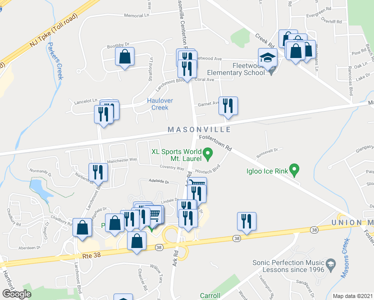 map of restaurants, bars, coffee shops, grocery stores, and more near 2206 Gramercy Way in Mount Laurel Township