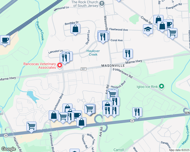 map of restaurants, bars, coffee shops, grocery stores, and more near 3401 Gramercy Way in Mount Laurel Township