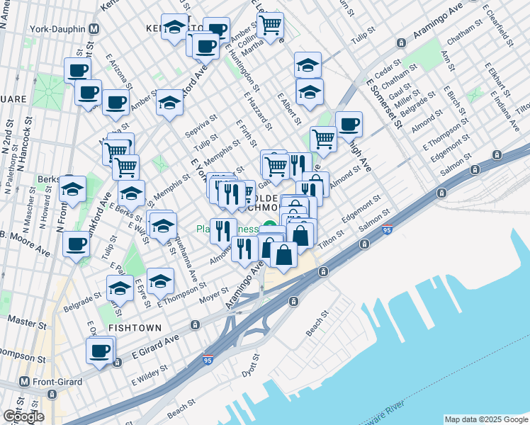 map of restaurants, bars, coffee shops, grocery stores, and more near 2600-40 East Hagert Street in Philadelphia