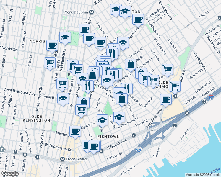 map of restaurants, bars, coffee shops, grocery stores, and more near in Philadelphia
