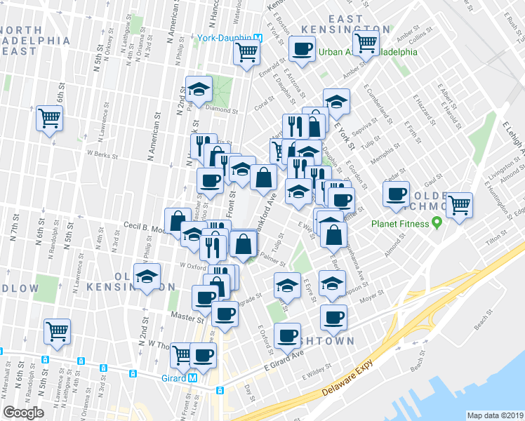 map of restaurants, bars, coffee shops, grocery stores, and more near 1806 Frankford Avenue in Philadelphia