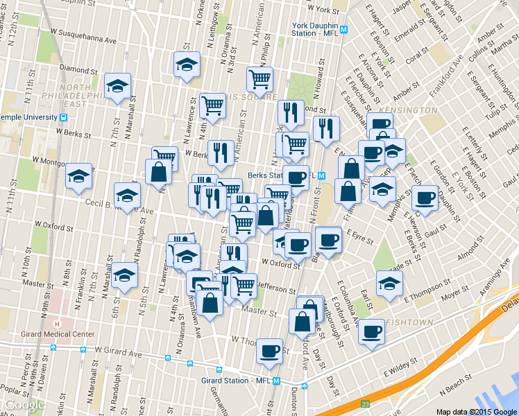 map of restaurants, bars, coffee shops, grocery stores, and more near in Philadelphia