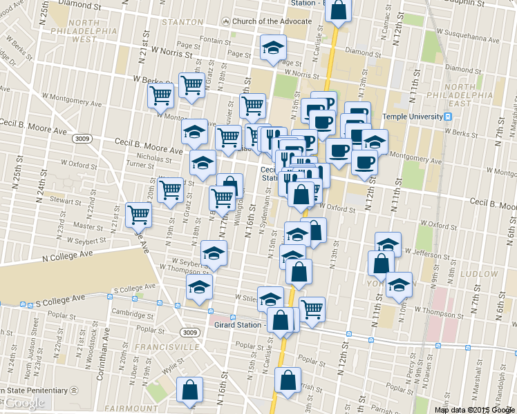 map of restaurants, bars, coffee shops, grocery stores, and more near 1516 North Sydenham Street in Philadelphia