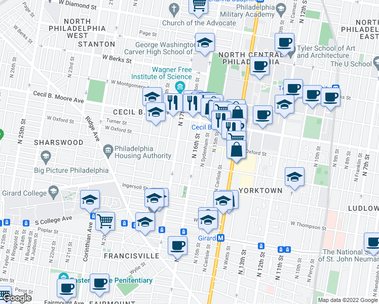 map of restaurants, bars, coffee shops, grocery stores, and more near 1501 Willington Street in Philadelphia