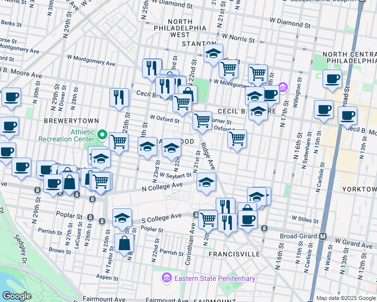 map of restaurants, bars, coffee shops, grocery stores, and more near 2122 Sharswood Street in Philadelphia