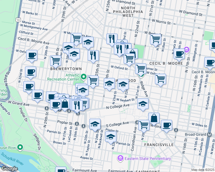 map of restaurants, bars, coffee shops, grocery stores, and more near 2342 Sharswood Street in Philadelphia