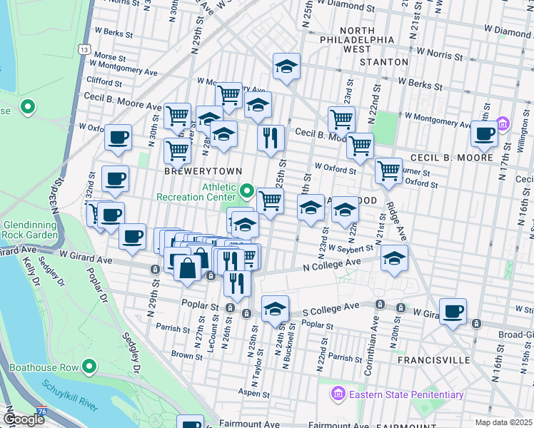 map of restaurants, bars, coffee shops, grocery stores, and more near 2514 Harlan Street in Philadelphia