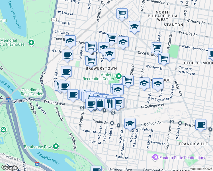 map of restaurants, bars, coffee shops, grocery stores, and more near 1322 North 27th Street in Philadelphia